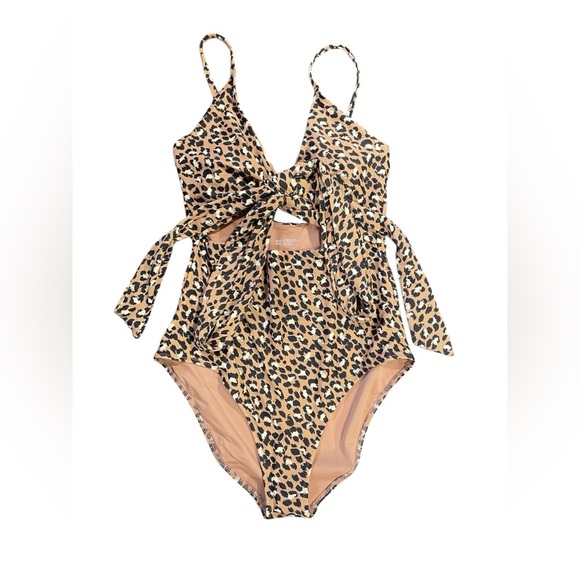 Aerie NWT Brown Leopard Print One piece Full Coverage Swimsuit Medium Juniors - Picture 1 of 9
